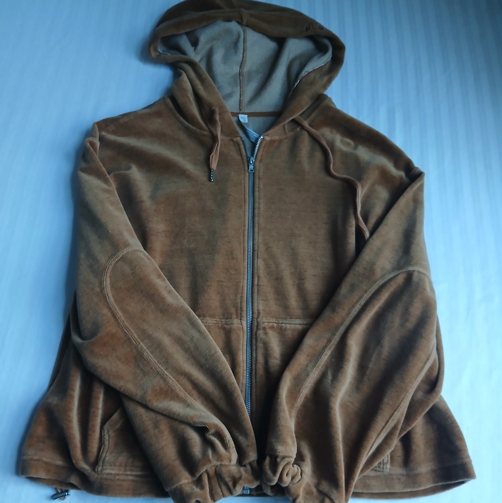 Free People Movement Jacket Large Velvet Full Zip Hooded Velour Track Drawstring